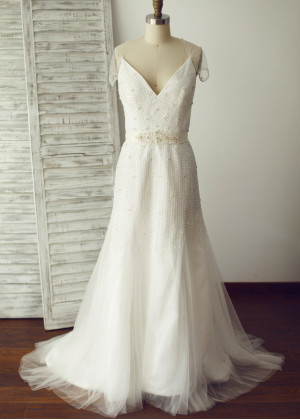 Ivory Beaded Tulle Wedding Dress Luxury Bridal Gown